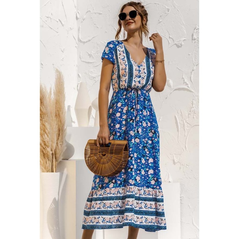 Boho Floral Print V-Neck Midi Dress Blue - Picture 2 of 4